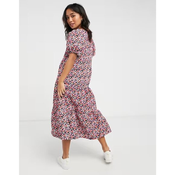 ASOS DESIGN Midi Tiered Smock Dress in Pink Floral Print - Picture 4 of 13
